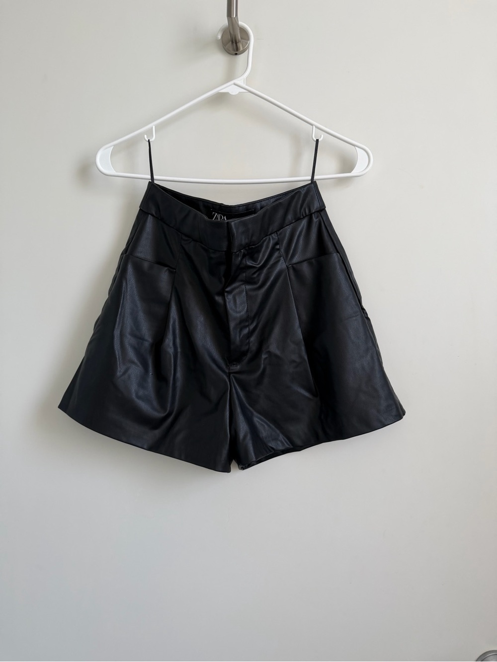 Zara Black Faux Leather Pleated Bermuda Shorts